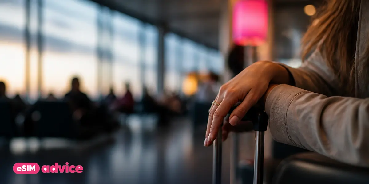 Hands resting on a carry-on suitcase handle in an airport departure lounge