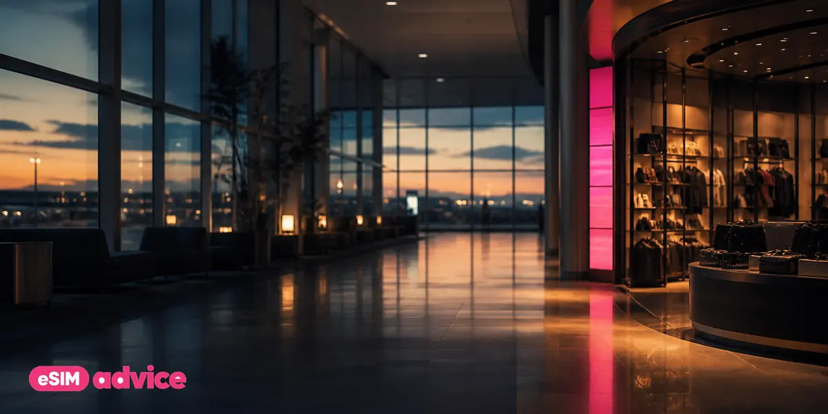 An empty airport retail concourse at dusk