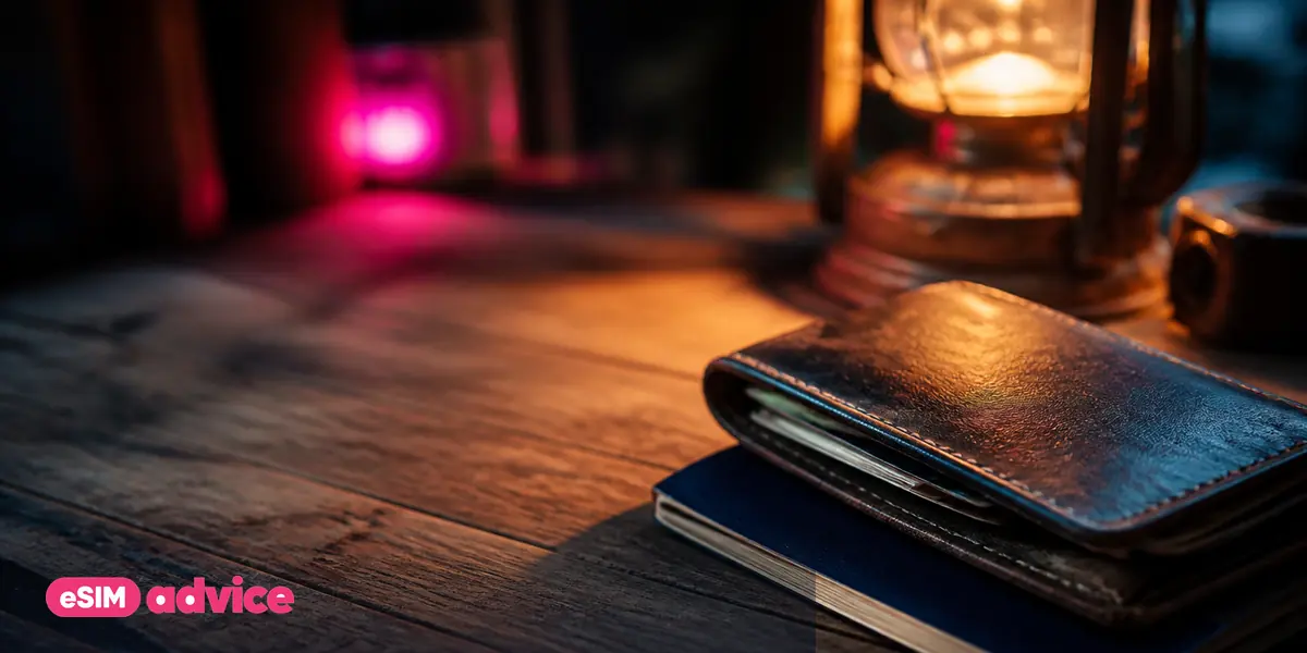 A worn leather wallet and a passport on a wooden table under a warm lamp