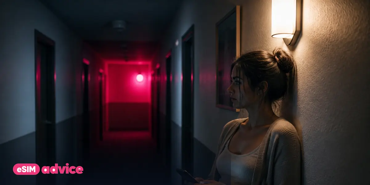 A dim hotel corridor at night lit by a single magenta emergency light