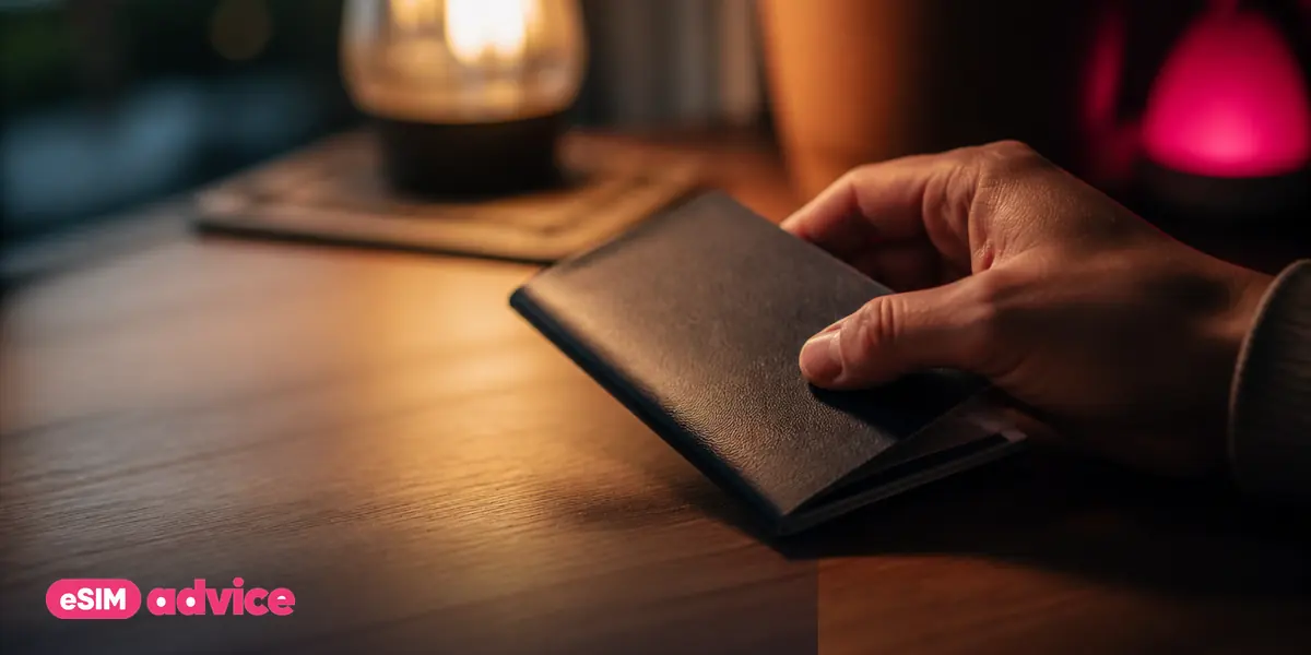 A hand closing a passport on a wooden desk in warm lamp light