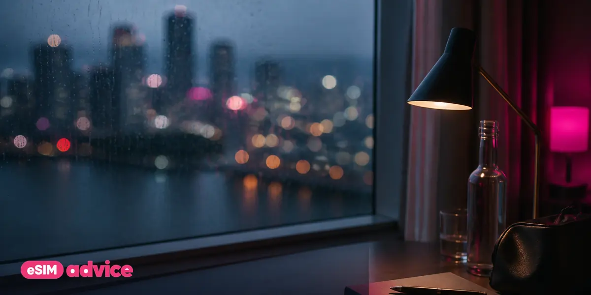 A hotel desk at night with city lights blurred through rain-streaked glass