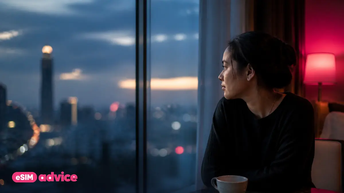 A calm traveller beside a hotel window at blue hour