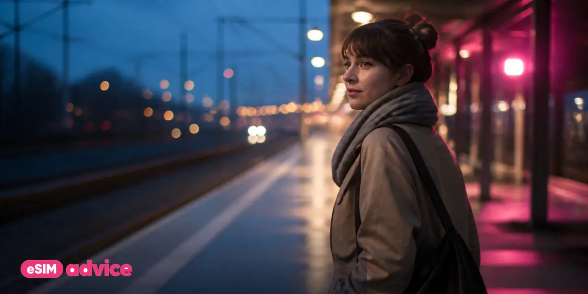 A commuter train platform at blue hour lit by a magenta overhead strip