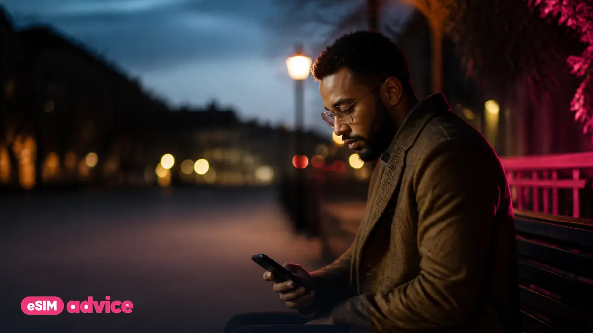 A person on a city bench at dusk with warm streetlight bokeh behind
