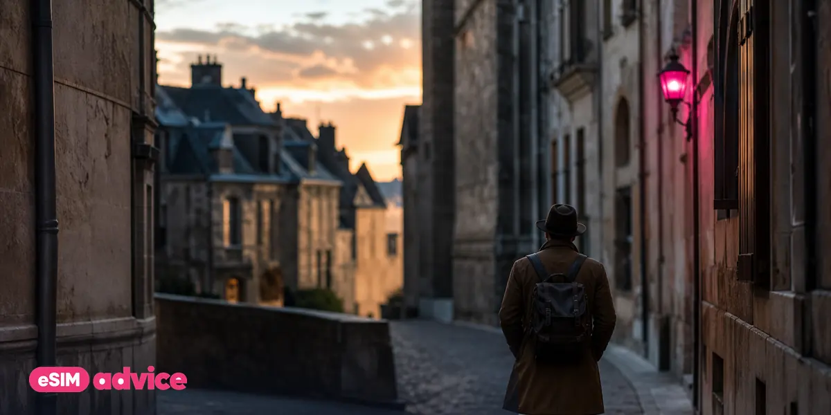 A traveller walking a narrow cobbled European street in early morning light