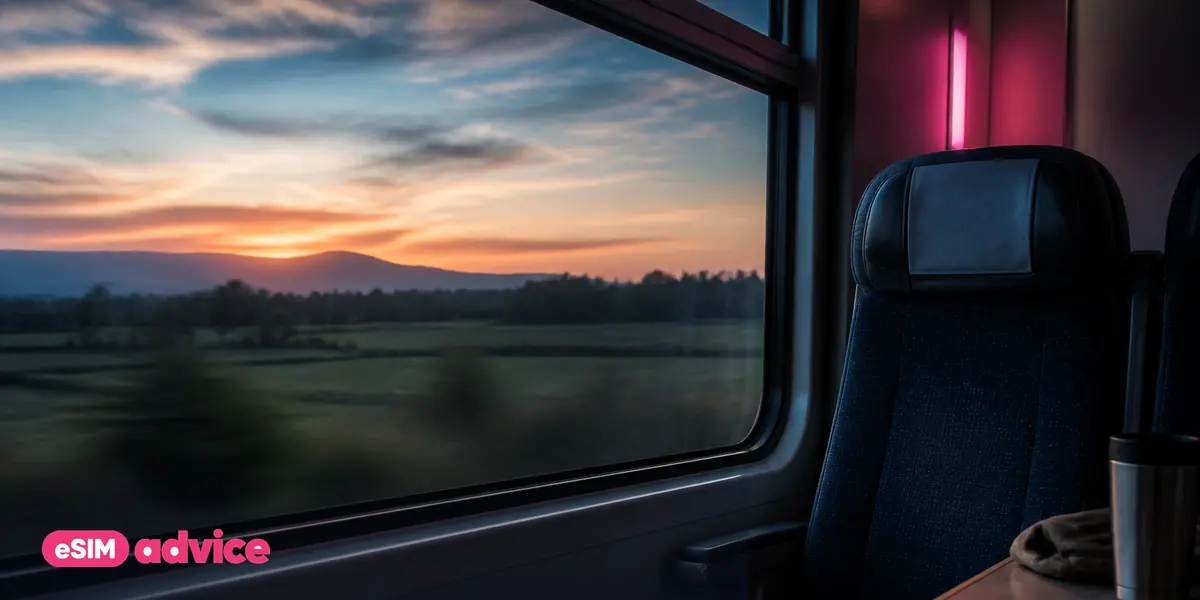 A train window view of European countryside at dusk