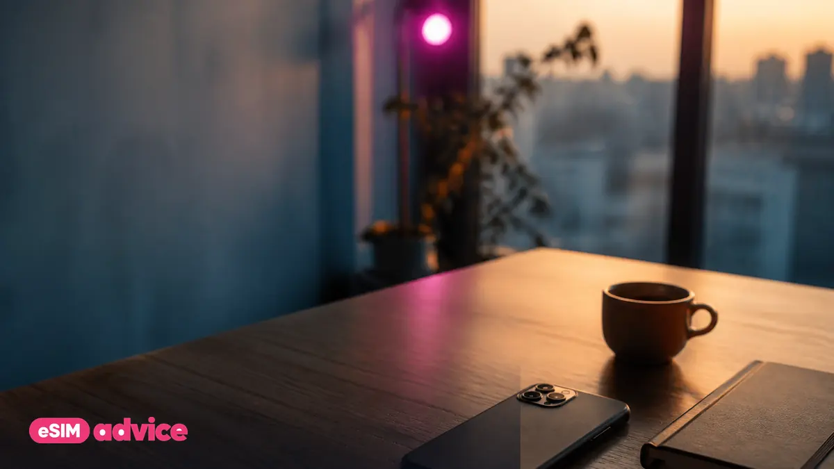 A minimal desk beside a window at golden hour with a phone and espresso cup