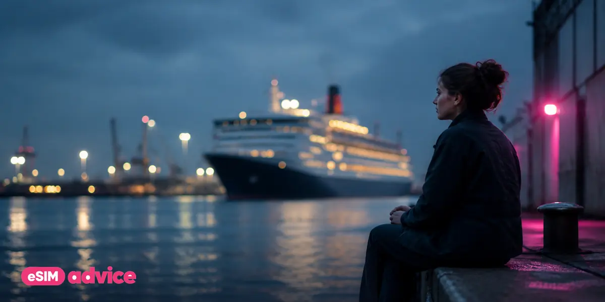 A calm harbour at blue hour with a large ship lit up in the distance