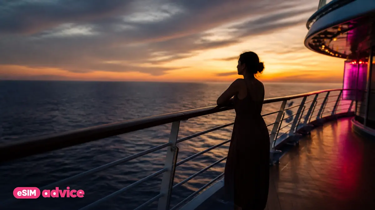A cruise ship deck railing at sunset with open ocean beyond