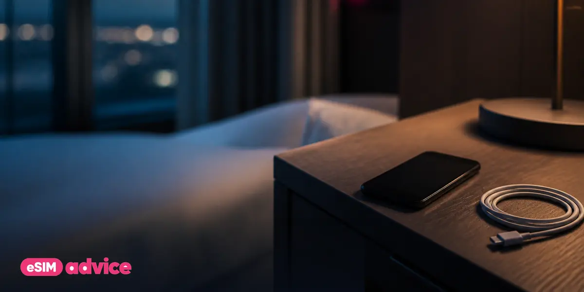 A hotel nightstand at blue hour with a charging cable beside a dark phone