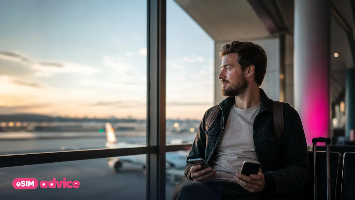 A traveller at an airport gate holding two phones in warm window light