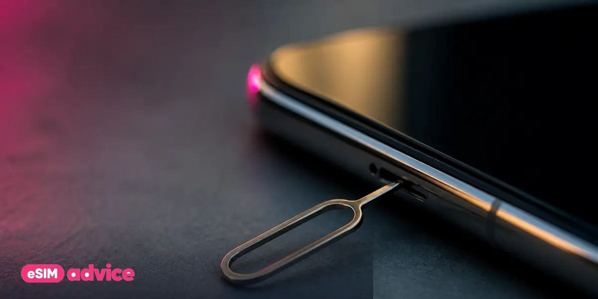 A SIM tray ejector tool resting on the edge of a phone in dramatic side light