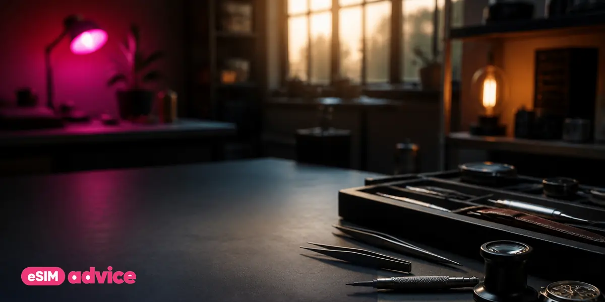 A clean workshop bench with repair tools neatly arranged