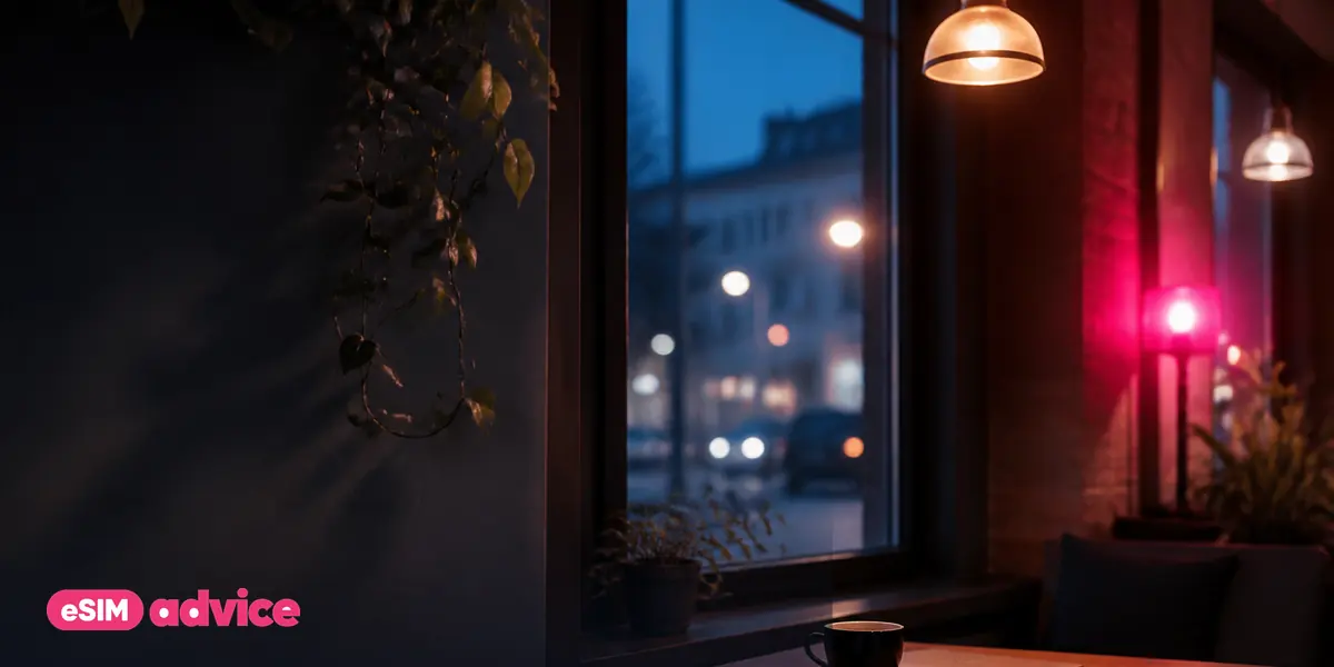 A café corner workspace at blue hour with warm pendant lights