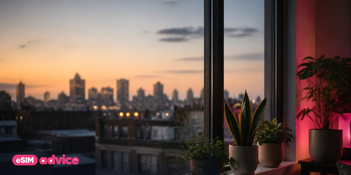 An apartment window with plants and city rooftops beyond at dusk