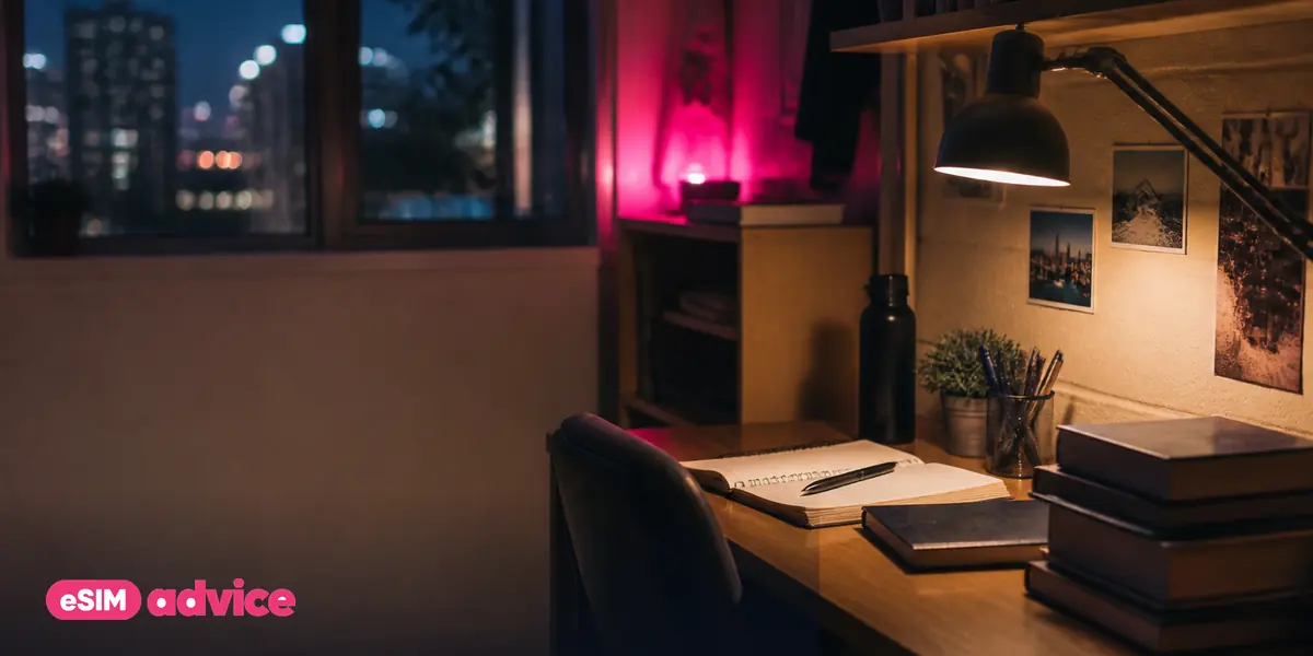 A dorm desk at night with warm lamp light and stacked textbooks