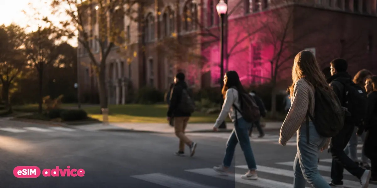 Students crossing a busy campus street in late afternoon light