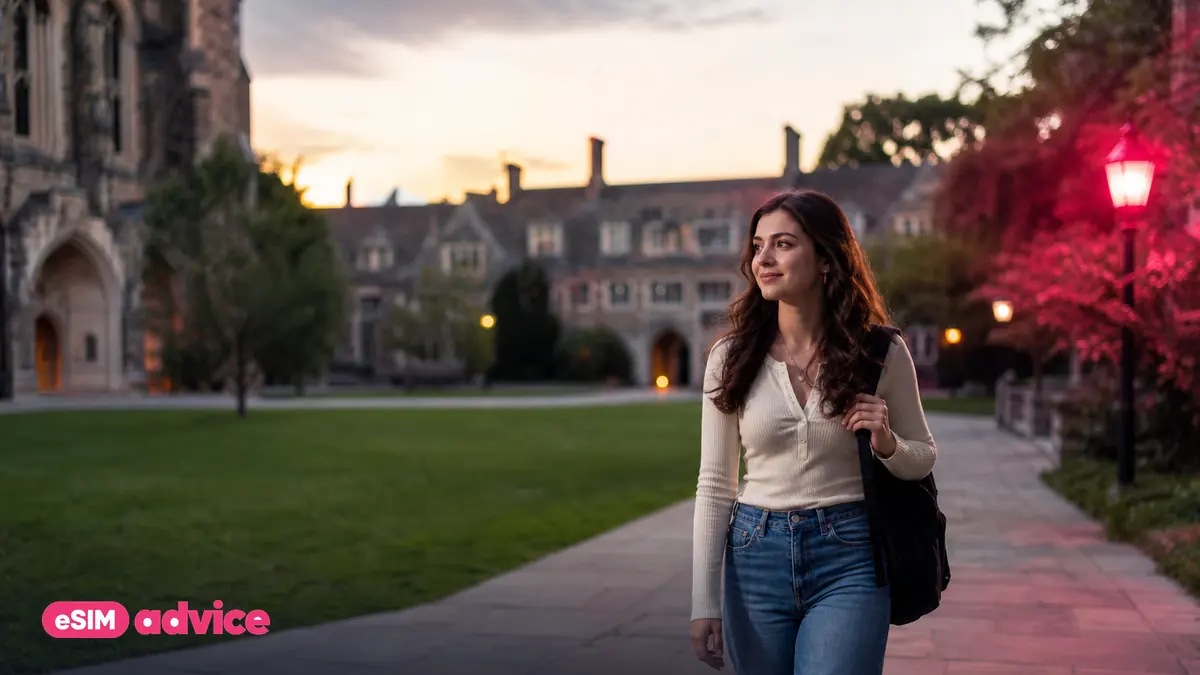A student crossing a historic university campus quad at golden hour