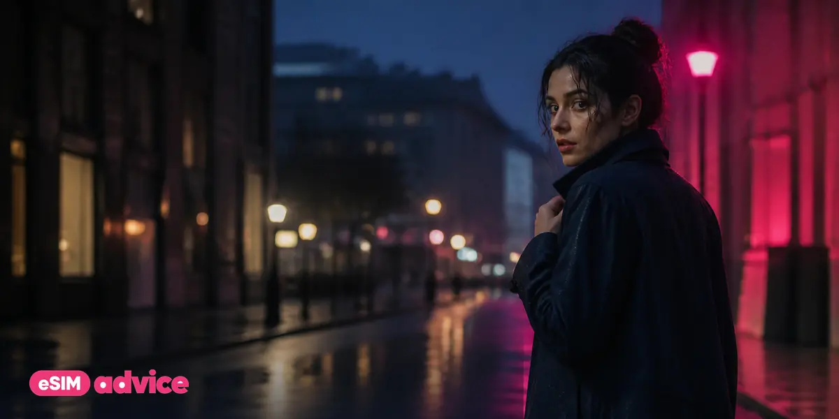 A rain-wet city street at night with magenta neon reflected in puddles