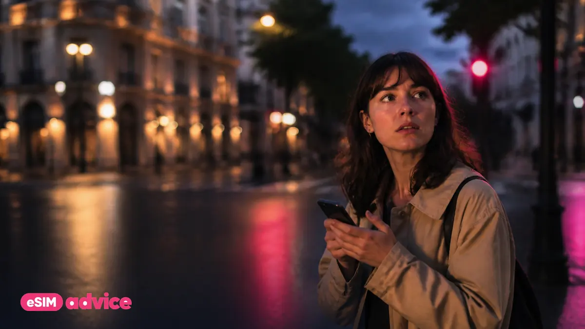 A traveller pausing on a foreign street corner at dusk amid neon reflections