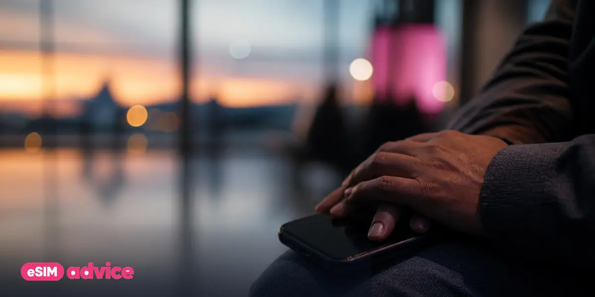 Hands resting on a phone on a knee with an out-of-focus terminal behind