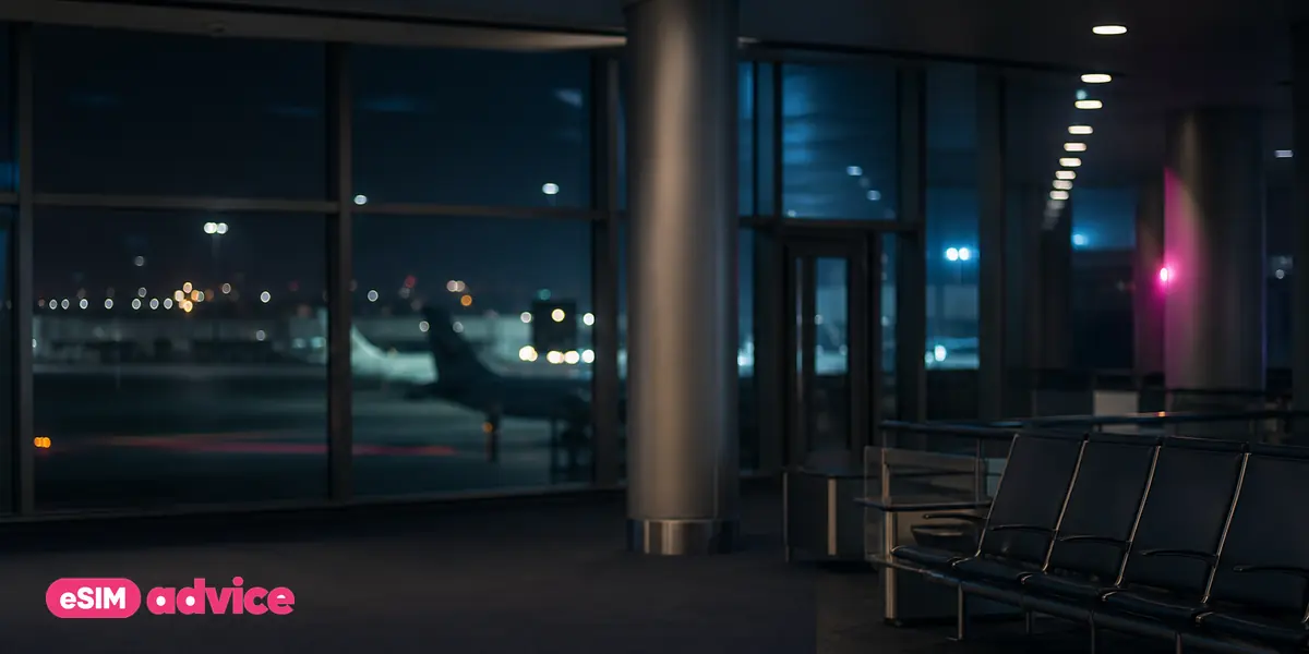 A near-empty airport gate at night with one row of lights on