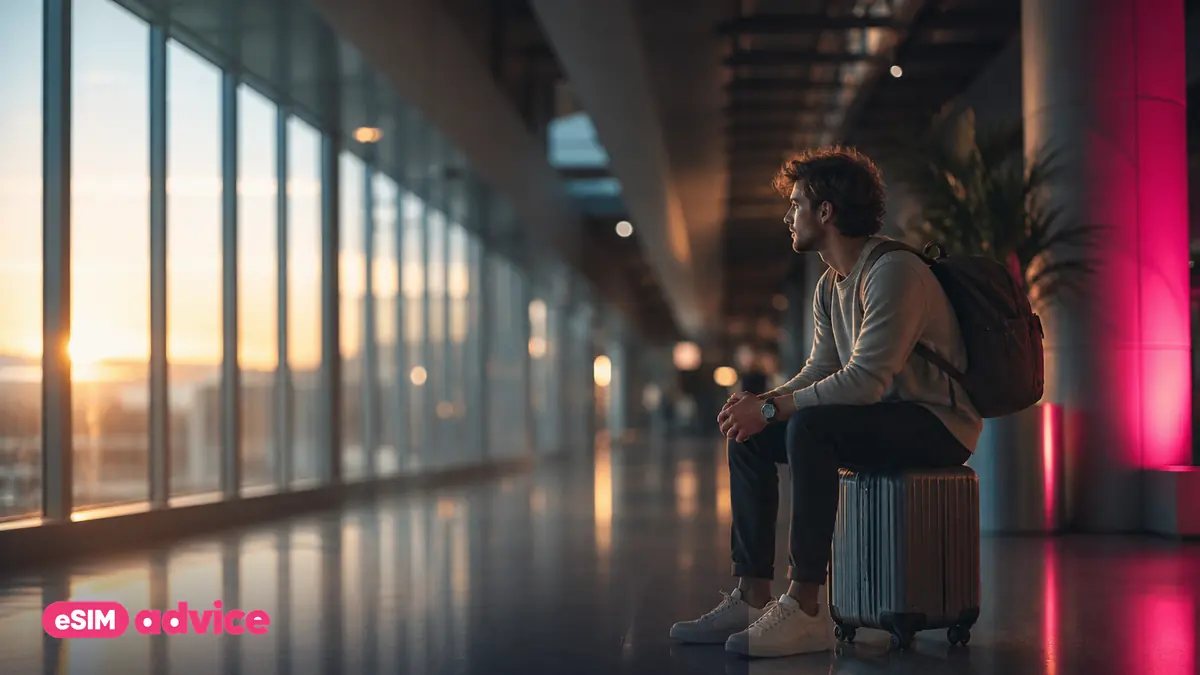 A traveller seated on a suitcase in an airport corridor in warm light
