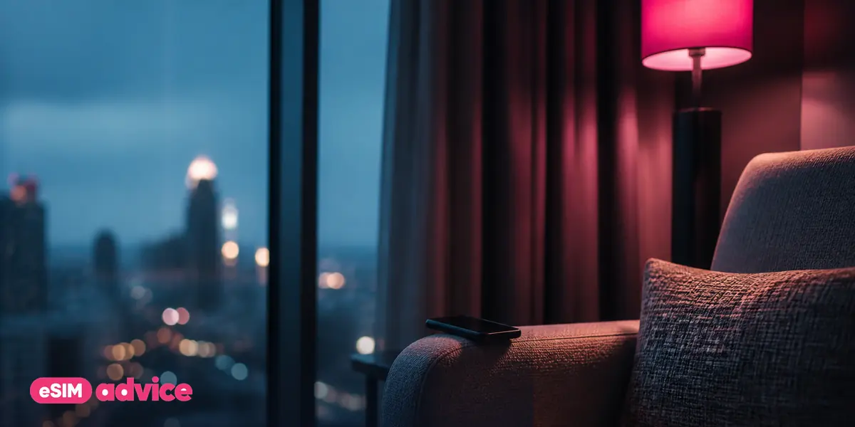 A hotel lobby armchair beside a window at blue hour