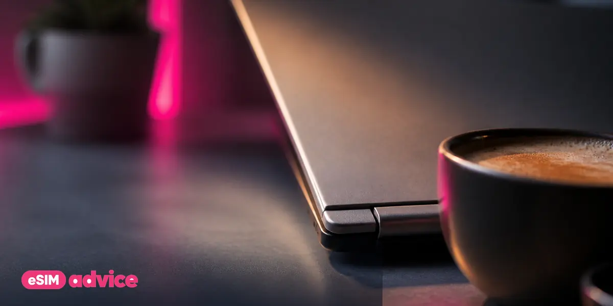 A laptop hinge and coffee cup on a desk with a magenta rim light
