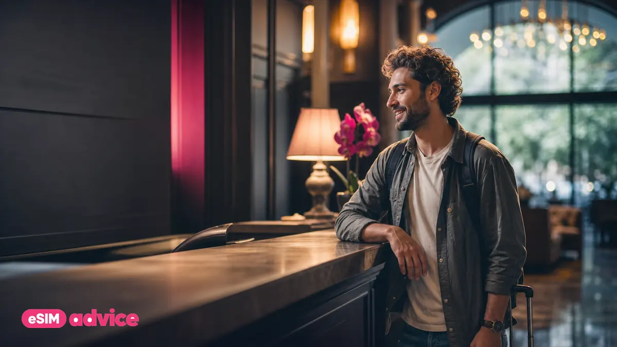 A traveller at a hotel reception desk in warm evening light