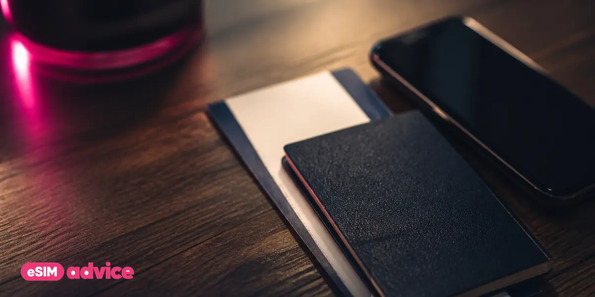 A passport, boarding pass and phone arranged on a wooden table