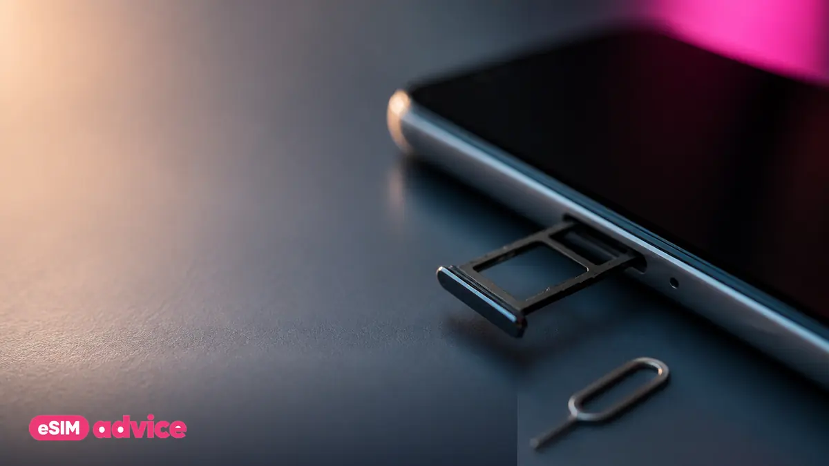A macro view of a smartphone SIM tray being opened on a clean desk