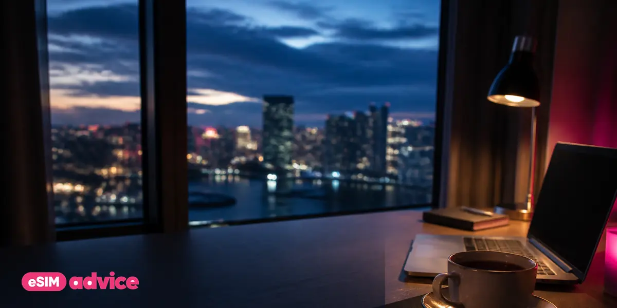 A hotel room desk at blue hour with a lit city beyond the window