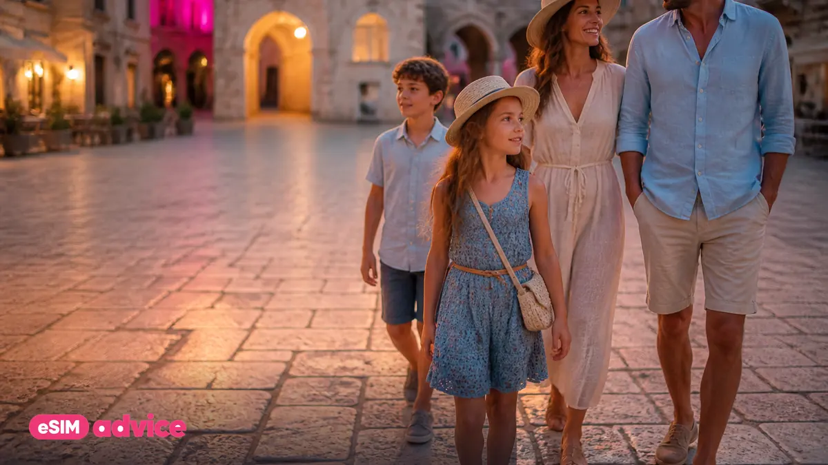 A family walking through a sunlit city plaza at golden hour