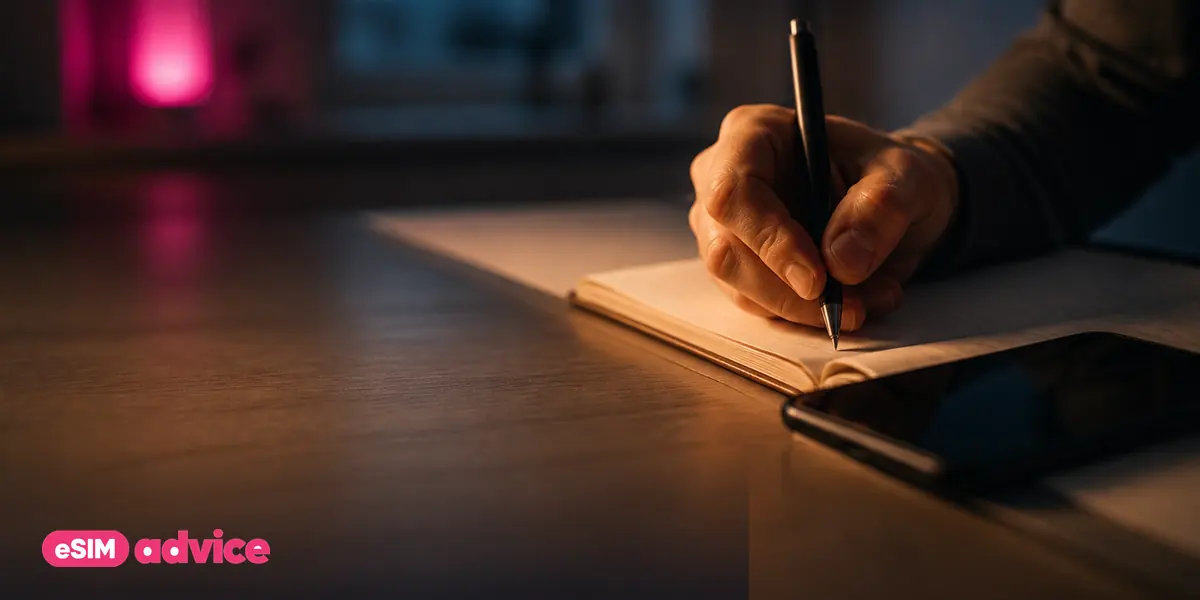 A hand making a note in a notebook beside a phone under a warm desk lamp