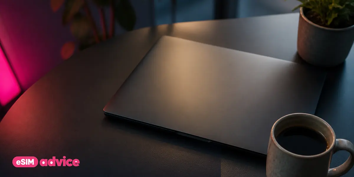 A minimal desk from above with a closed laptop and a coffee cup