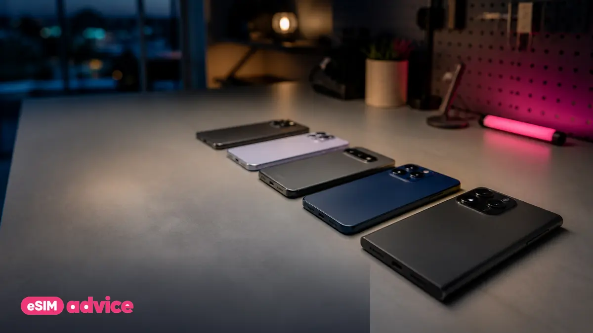 A tidy testing bench with several phones under soft studio light