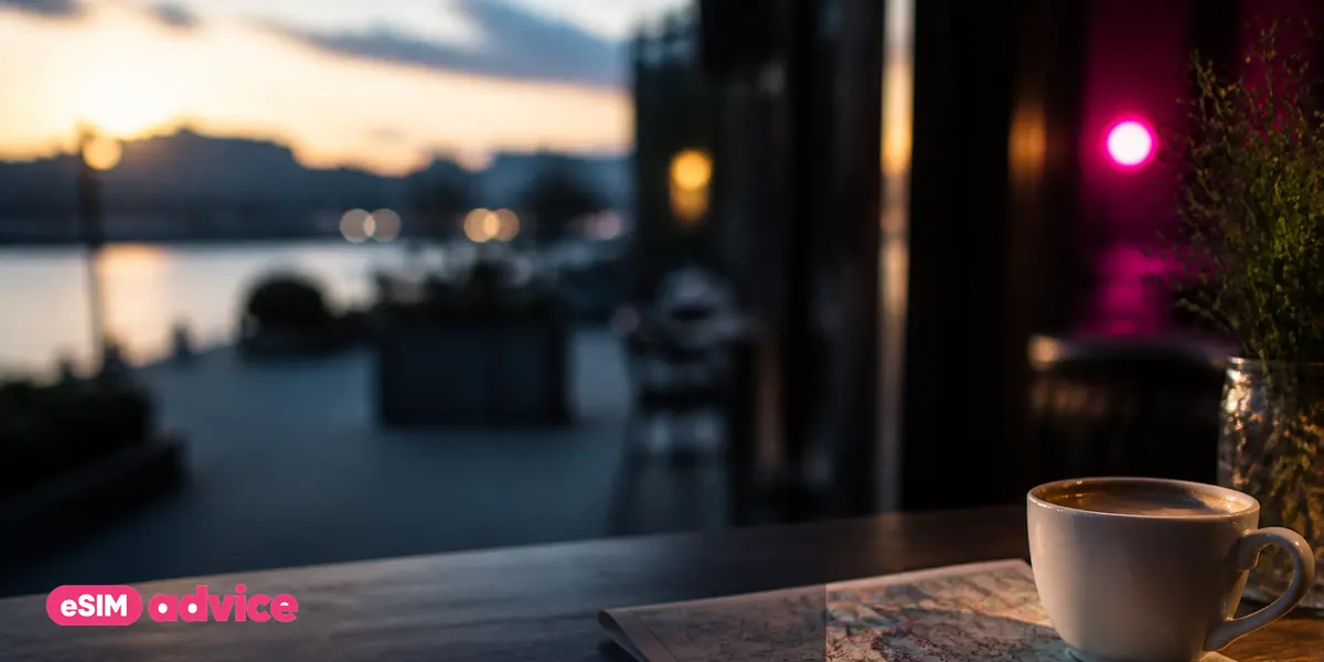 A paper map and a coffee cup on a café table in morning light