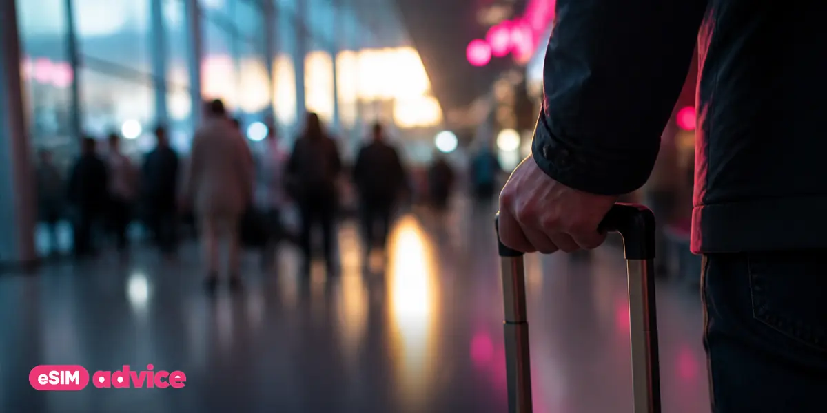 A hand on a suitcase handle in an arrivals hall with soft crowd bokeh