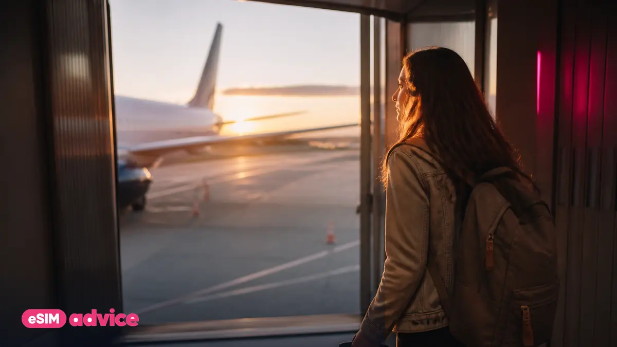 A traveller stepping onto an airbridge at sunrise in warm light