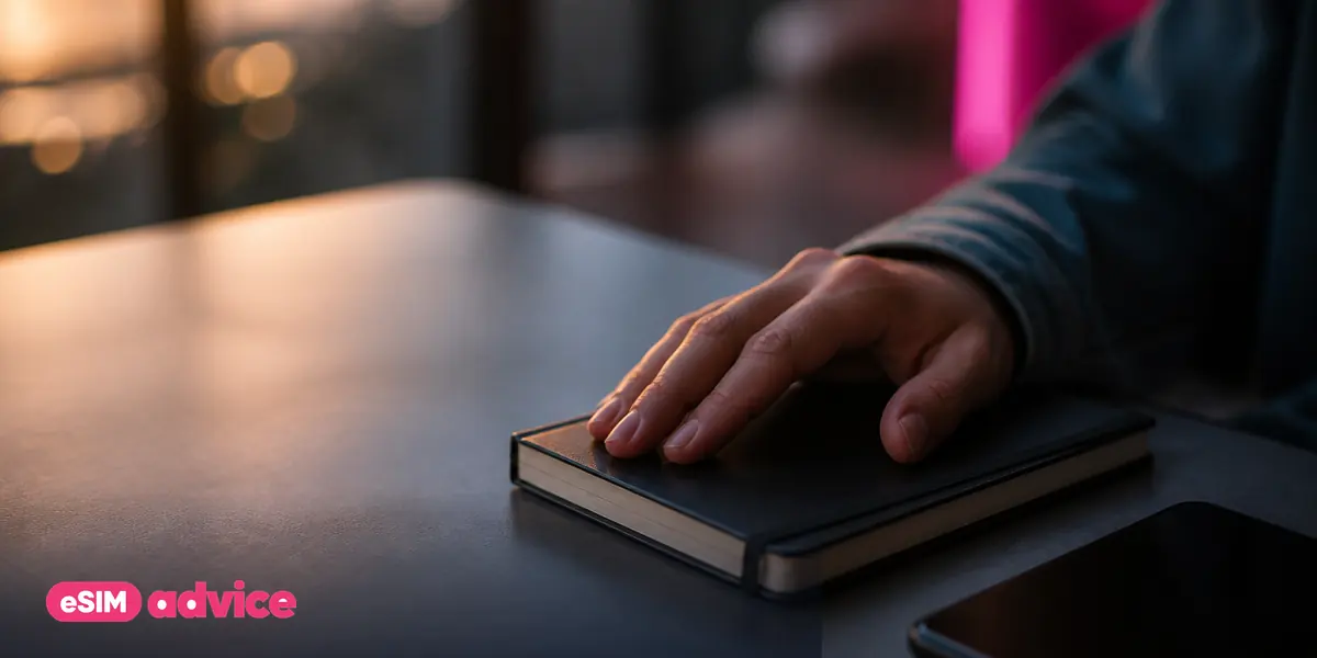 A hand resting on a closed notebook beside a phone