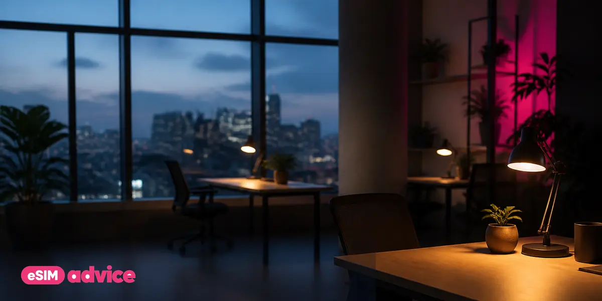 A quiet co-working space at blue hour with warm desk lamps