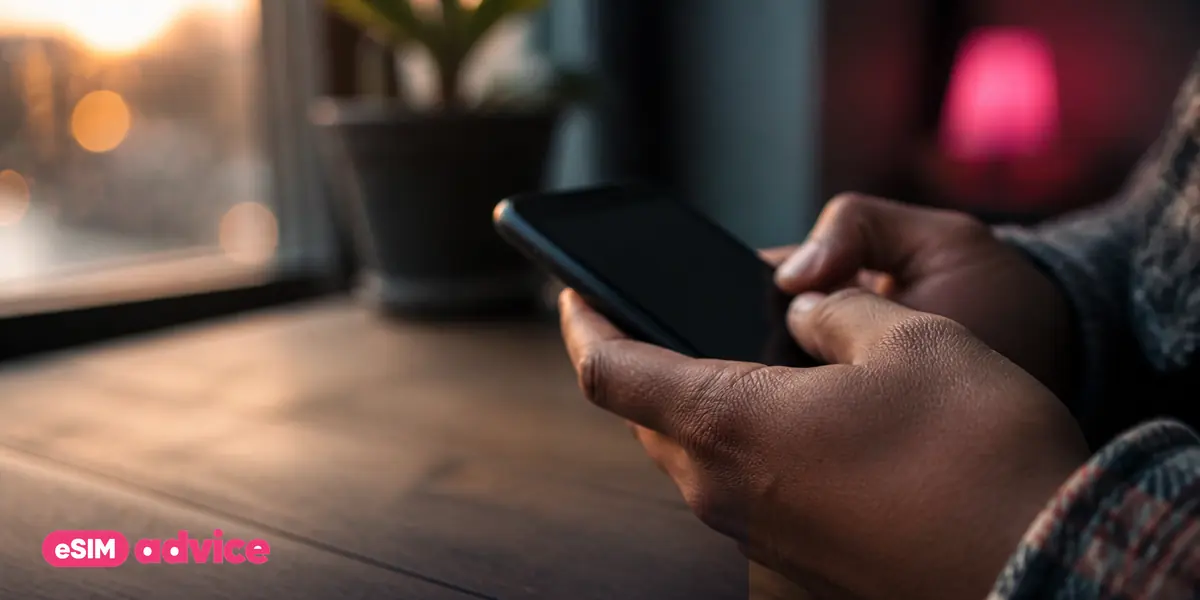 Hands holding a phone at a wooden table in warm window light