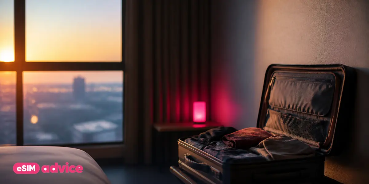 A hotel room at golden hour with a suitcase open on a luggage rack