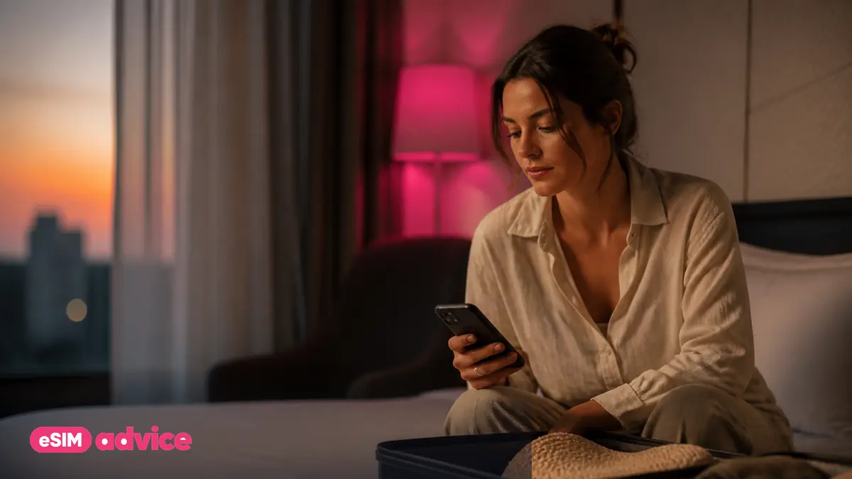 A person on a sunlit hotel bed with an open suitcase and phone in hand