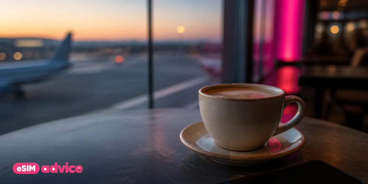 A coffee cup and a phone on an airport cafรฉ table with soft bokeh
