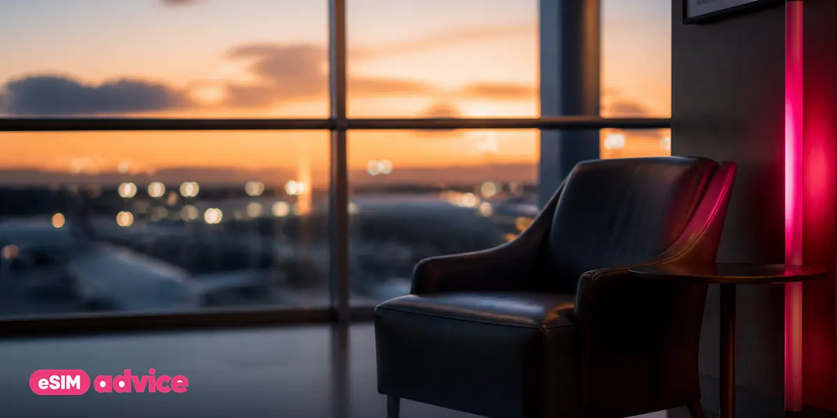 An airport lounge armchair by a window at dusk
