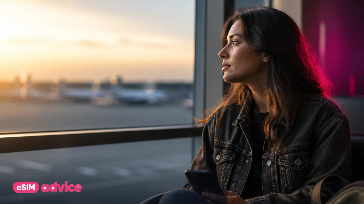 A traveller seated by a large airport window at golden hour