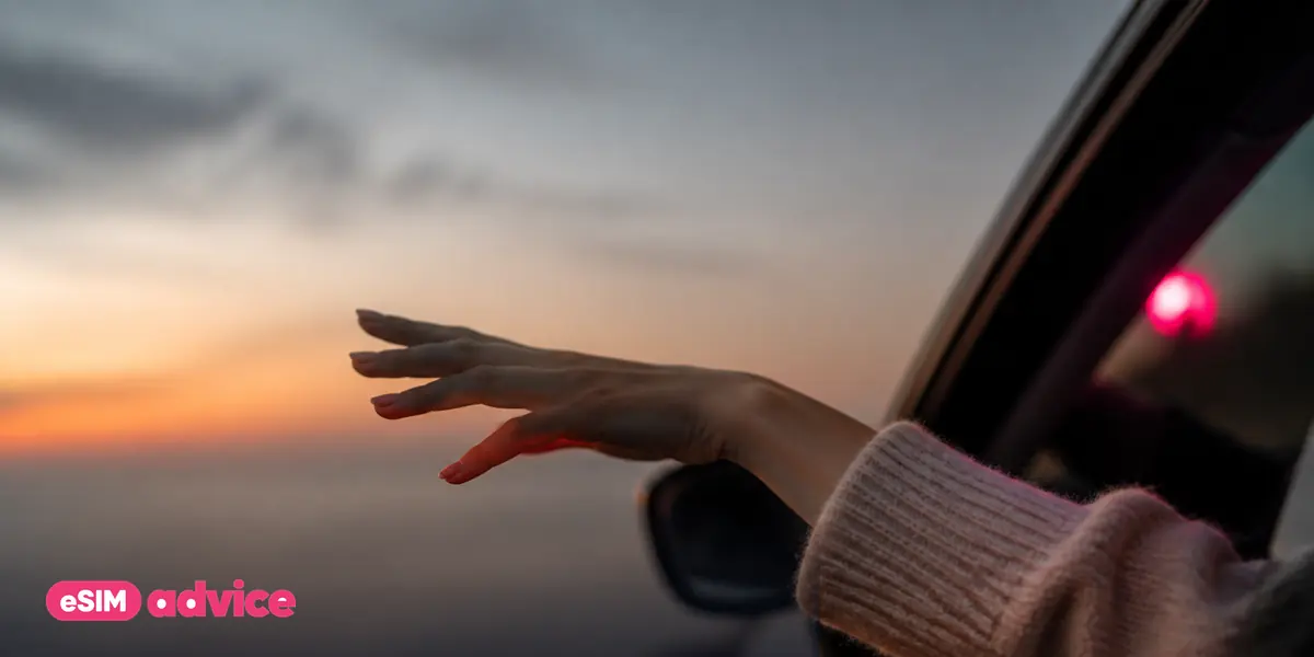 A hand out of a car window in warm evening light with motion blur